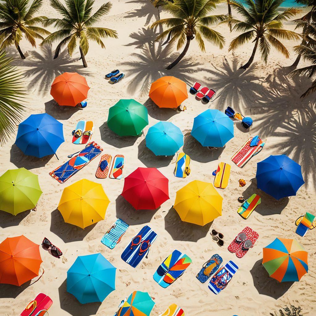 A vibrant beach scene showcasing a variety of trendy swimwear styles on stylish individuals enjoying the sun. Bright umbrellas, surfboards, and tropical palm trees create a lively atmosphere. Incorporate playful beach accessories like sunglasses and beach balls, along with a soft sandy beach background. Highlight an array of colors and patterns to represent the diverse swimwear fashion trends. super-realistic. vibrant colors. summer vibes.