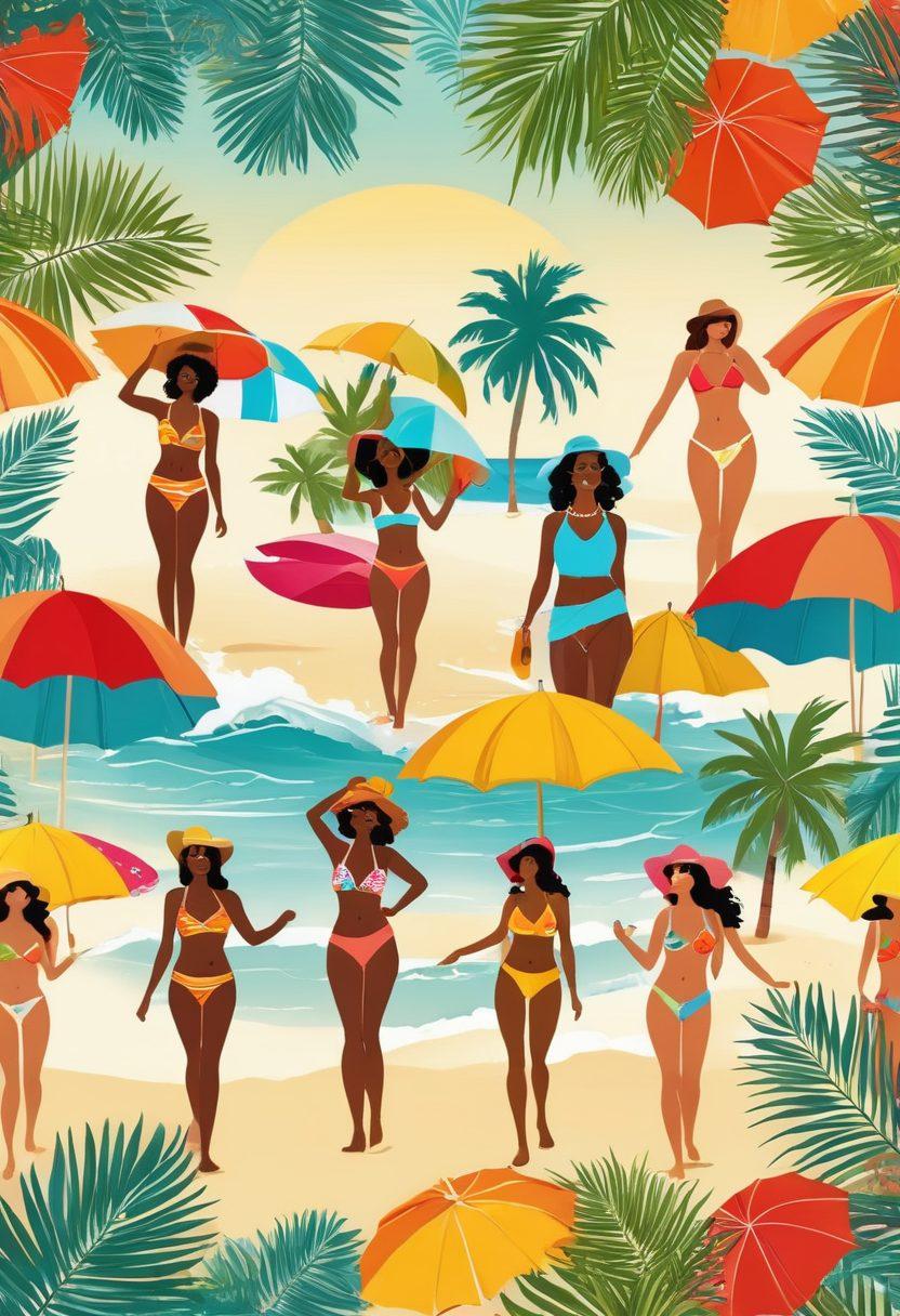 A vibrant beach scene showcasing diverse individuals wearing stylish and affordable swimwear, surrounded by palm trees and colorful beach umbrellas. Include playful ocean waves and sun-kissed skin, capturing the joy of summer adventures. Bright and cheerful colors should radiate happiness, inviting viewers to imagine themselves in this glamorous atmosphere. vector art. bright colors. sunny background.